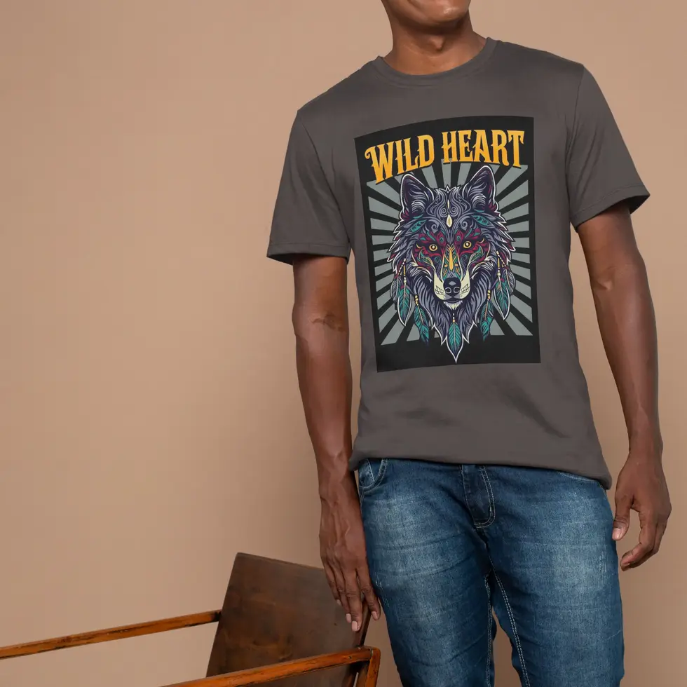 Charcoal grey Wild Heart Wolf Graphic Half Sleeve T-Shirt – Vintage Tribal Men's Tee