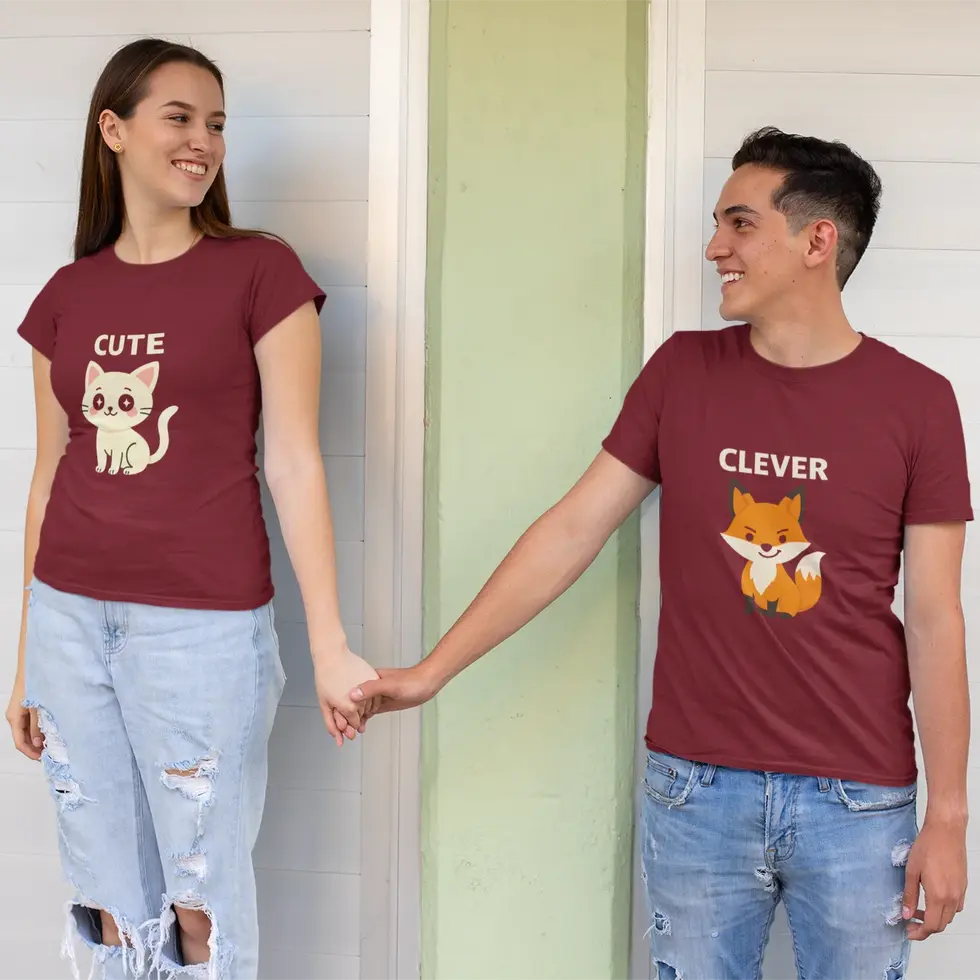 Maroon Cute Cat & Clever Fox | Couple Tee