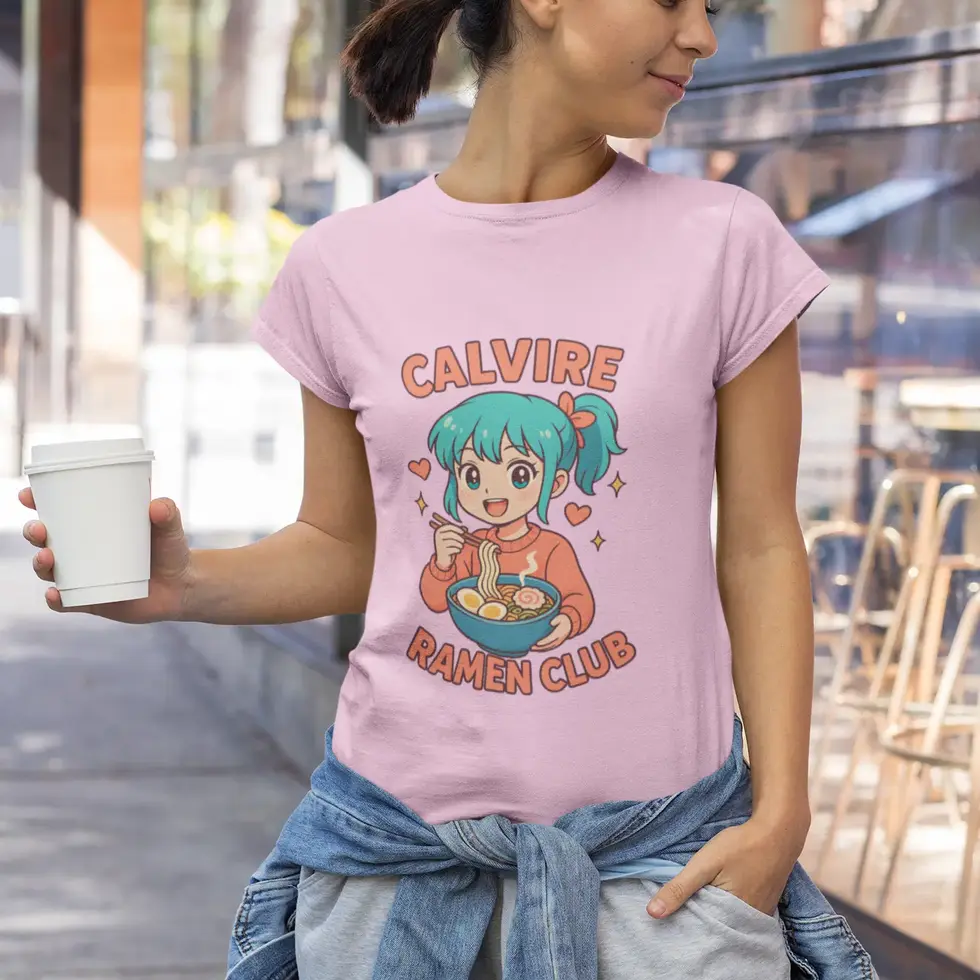 Light pink Calvire Ramen Club T-Shirt | Cute Anime Girl Japanese Food Women's Tee