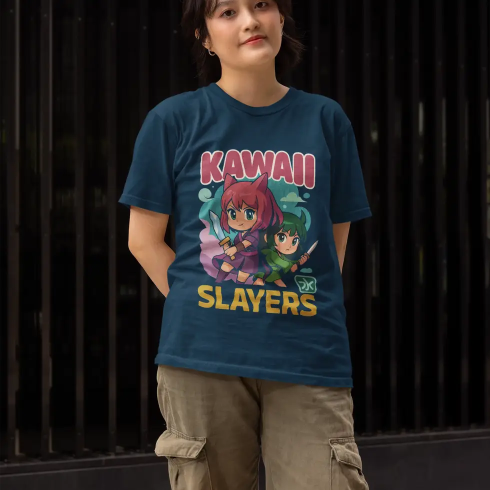 Navy blue Kawaii Slayers Anime Women's Half Sleeve T-Shirt | Cute Cat-Girl Fantasy Tee