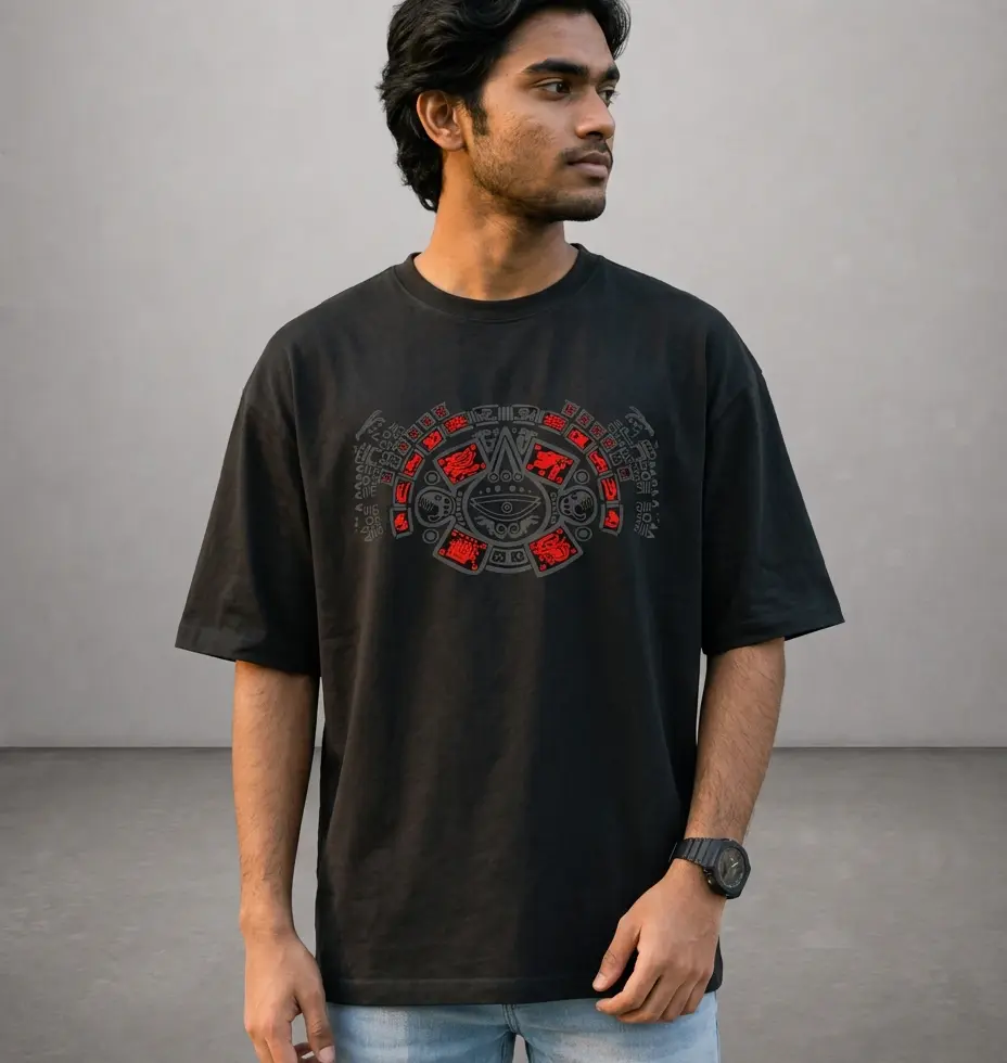 Man wearing a black Calvire oversized tee with a circular grey and red calendar-inspired front graphic design
