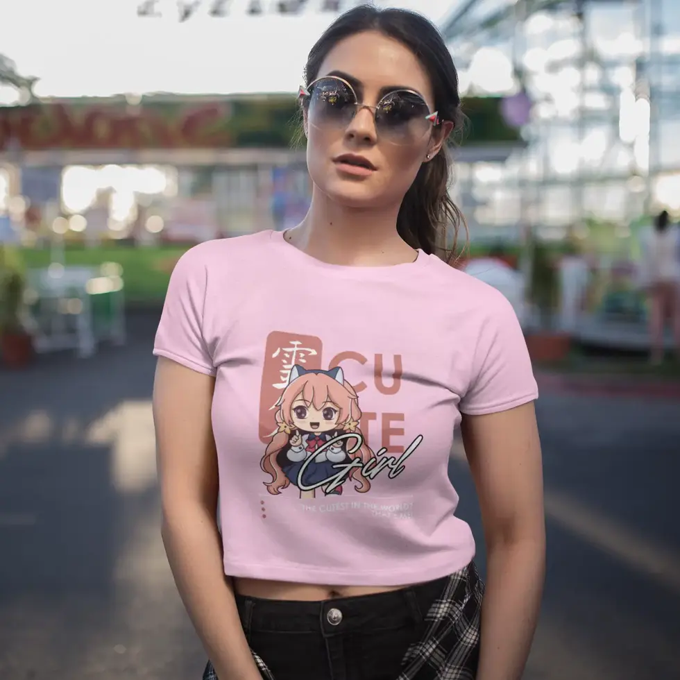 Light pink Cute Girls Anime Crop Top – Women’s Stylish Graphic T-Shirt