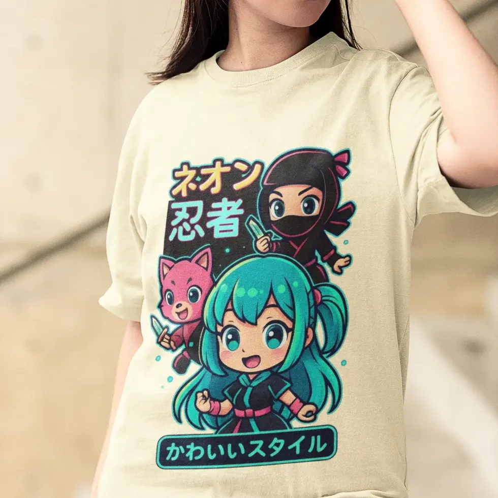 Off white Cute Anime-Style Ninja & Fox Graphic Women's Oversized T-Shirt