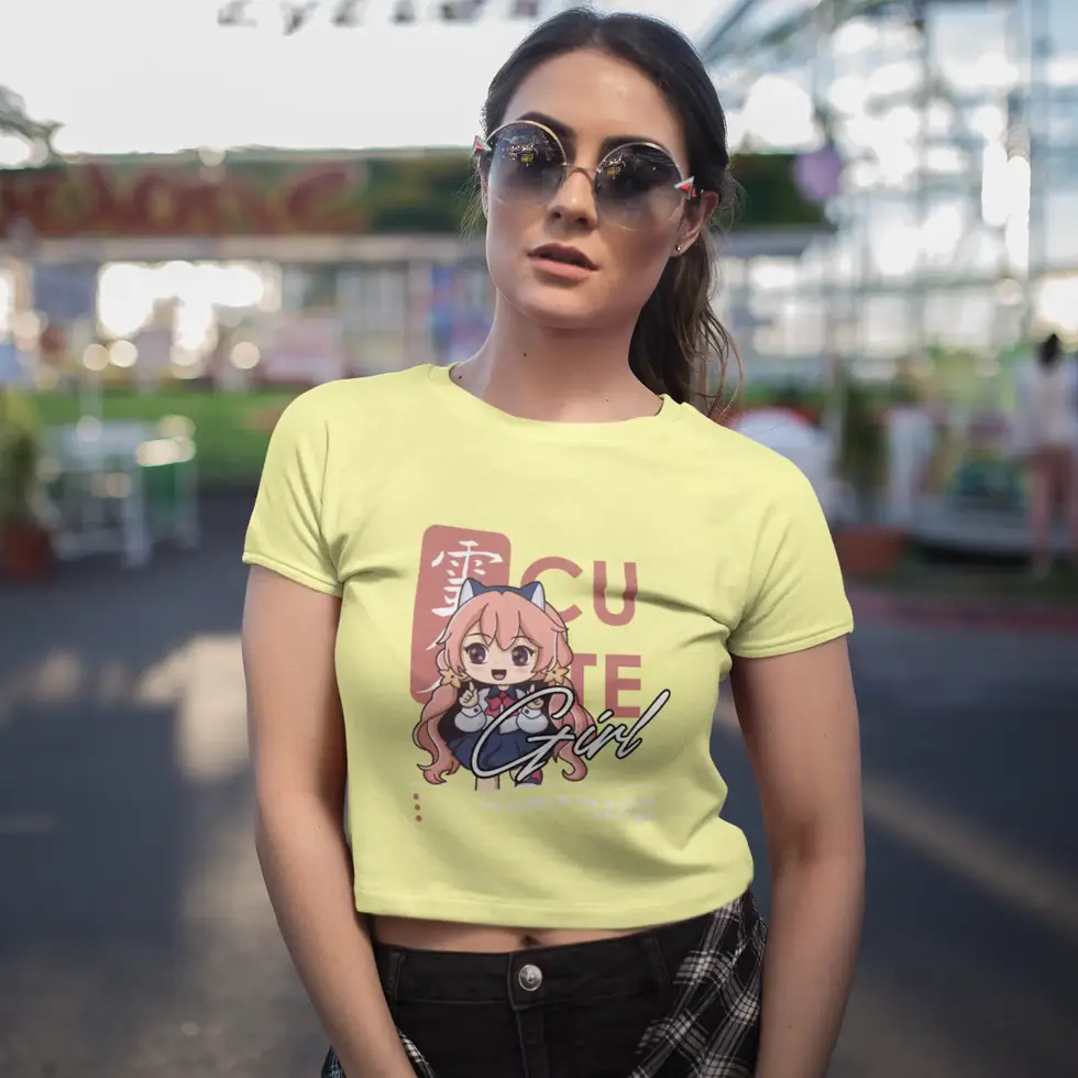 Butter yellow Cute Girls Anime Crop Top – Women’s Stylish Graphic T-Shirt