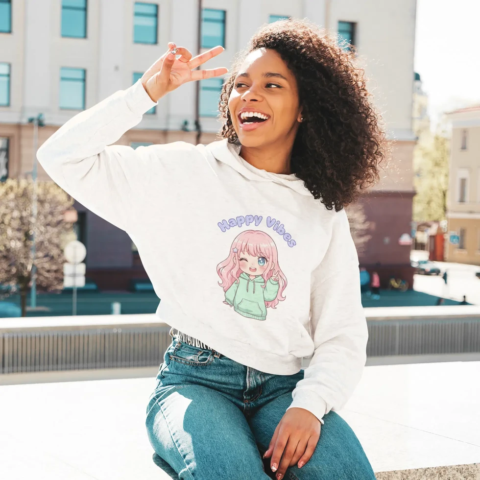 White Happy Vibes Crop Hoodie for Women - Cozy Mint Green Graphic Tee