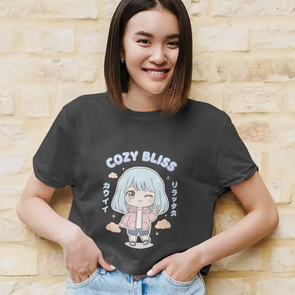 Black Women's Pastel Kawaii "Cozy Bliss" Crop Top Anime Tee