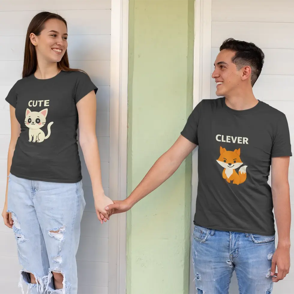 Black Cute Cat & Clever Fox | Couple Tee