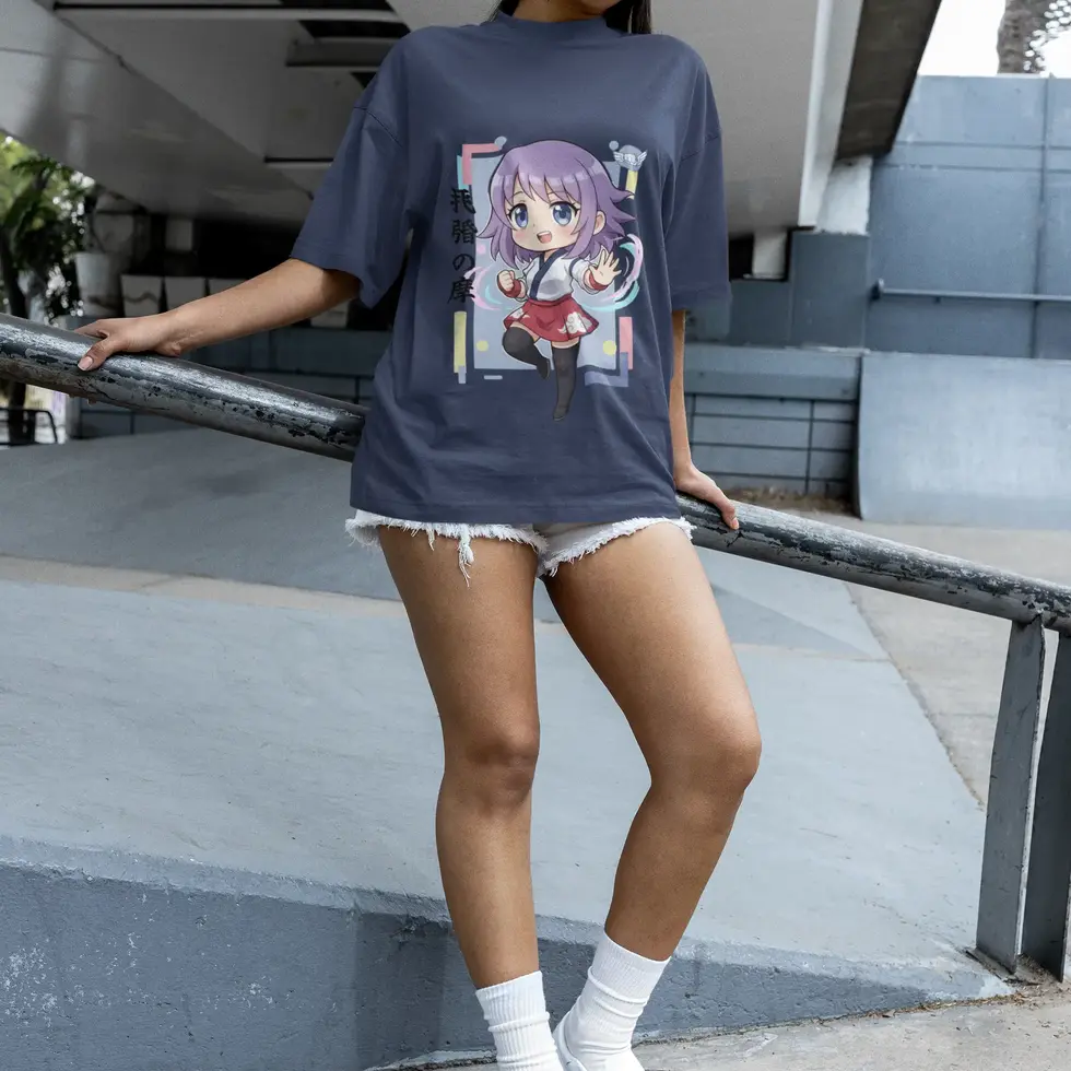 Navy blue Women's Oversized Chibi Anime T-Shirt | Cute Purple Hair Fighter Design
