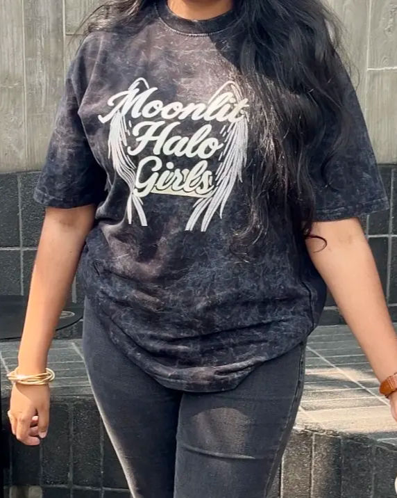 Moonlit Halo Girls Acid Wash | Oversized Graphic Tee