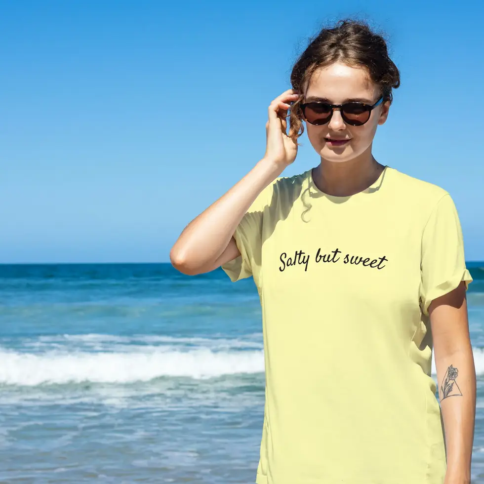 Butter yellow front view Beach Vibes Half Sleeve T-shirt-Shell graphic women's Tee
