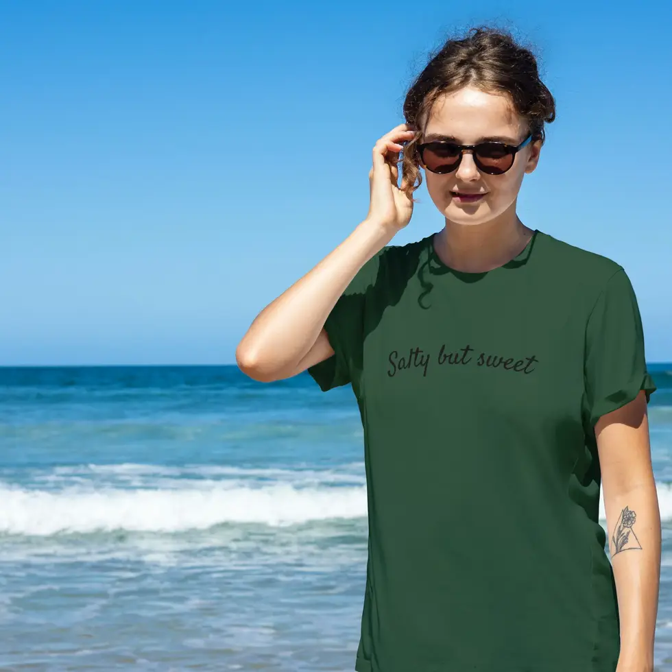 Olive green front view Beach Vibes Half Sleeve T-shirt-Shell graphic women's Tee