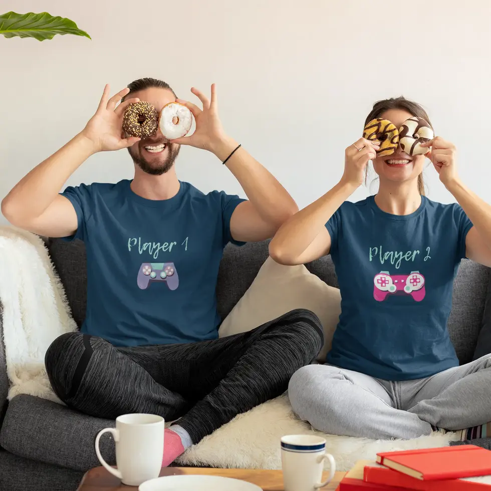 Navy blue Player 1 & Player 2 Half Sleeve | Gaming Couple Graphic Tee