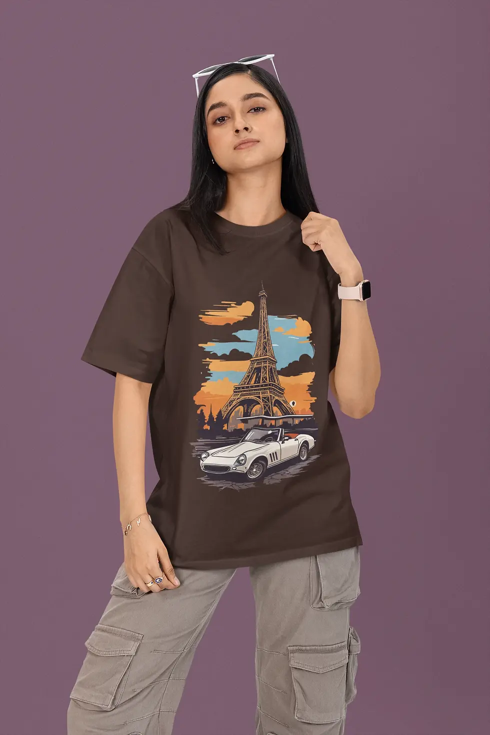 Brown Retro Paris Eiffel Tower | Women's Oversized Tee