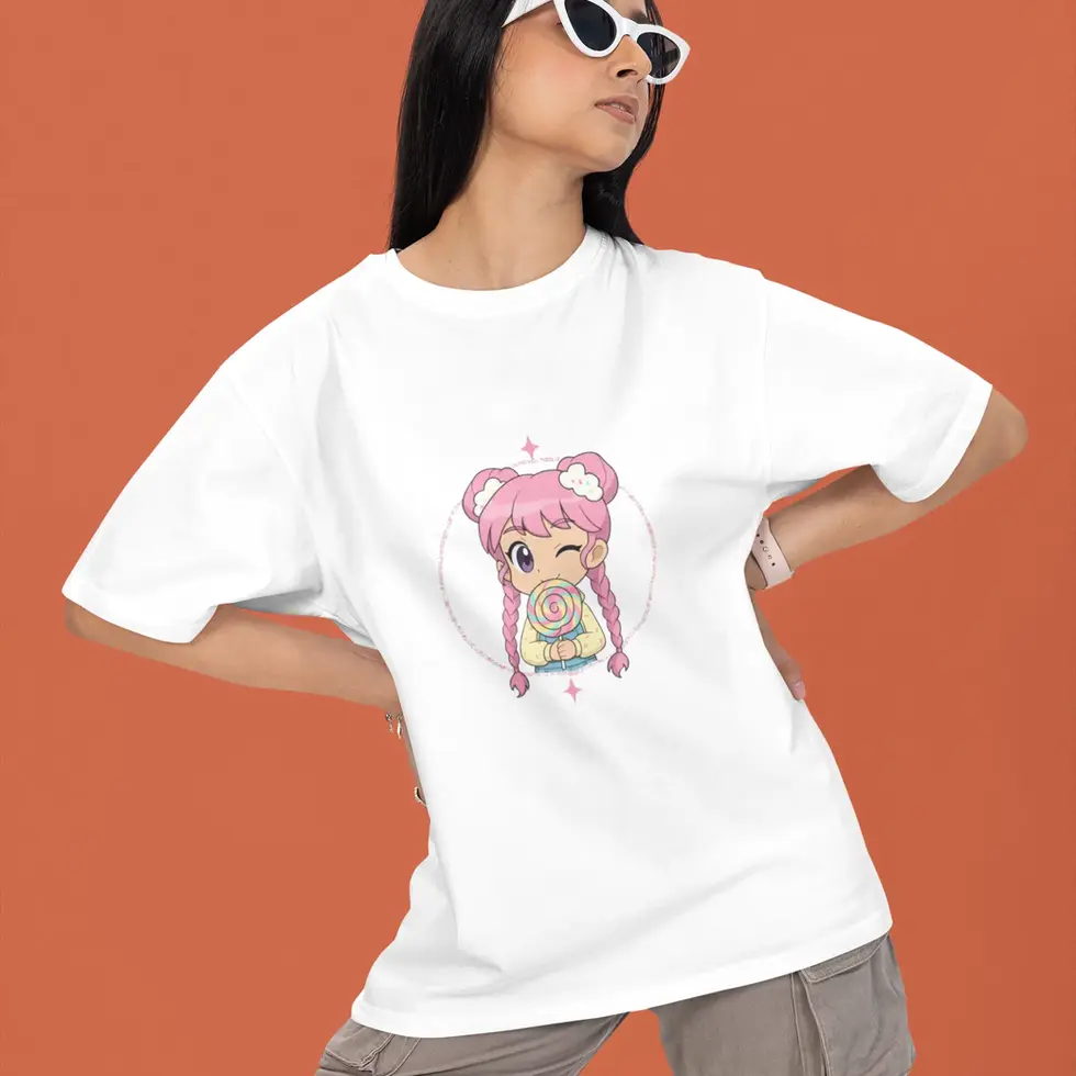 White front view Sweet Chibi Love Oversized Tee - Women's Pastel Anime Graphic Shirt