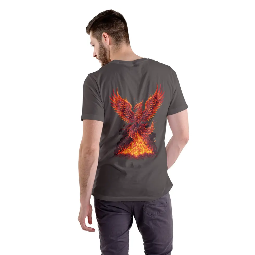 Charcoal grey back view Rise again Phoenix Bird Half Sleeve | Motivational Graphic Tee