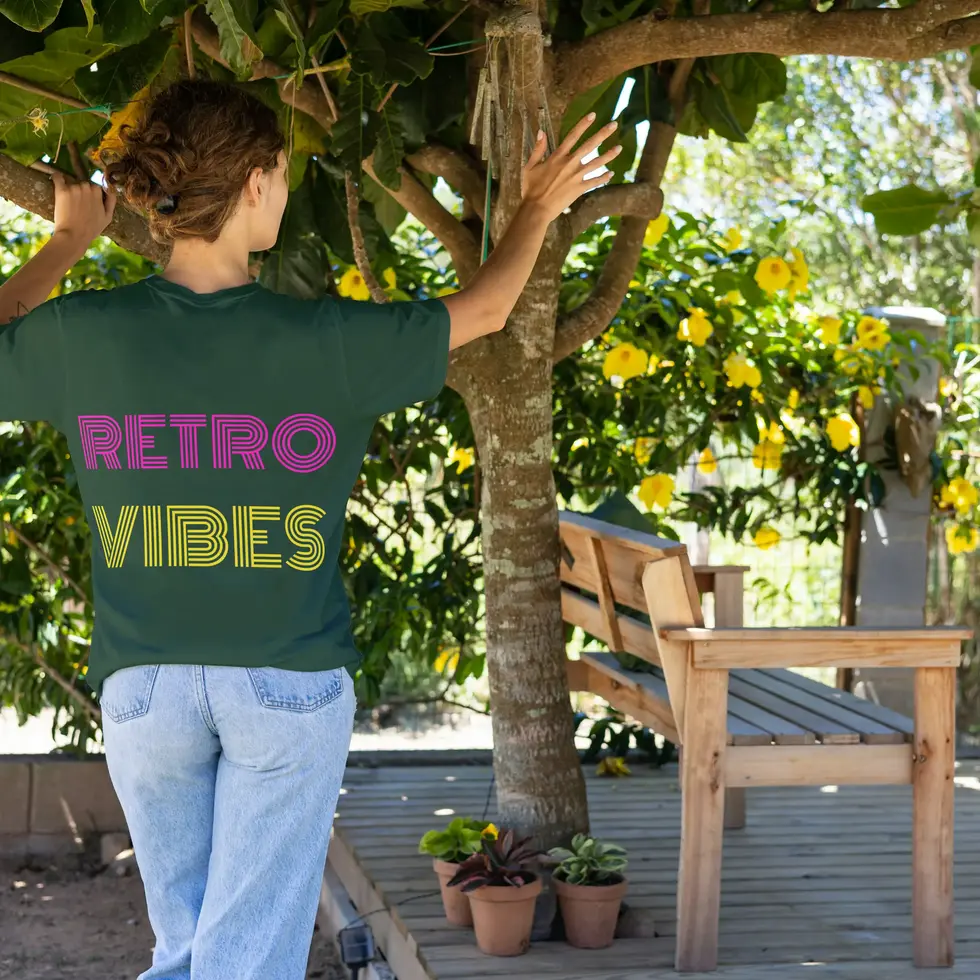 Olive green back view Retro vibes Half sleeve T-shirt | Vintage Style Graphic Women's Tee