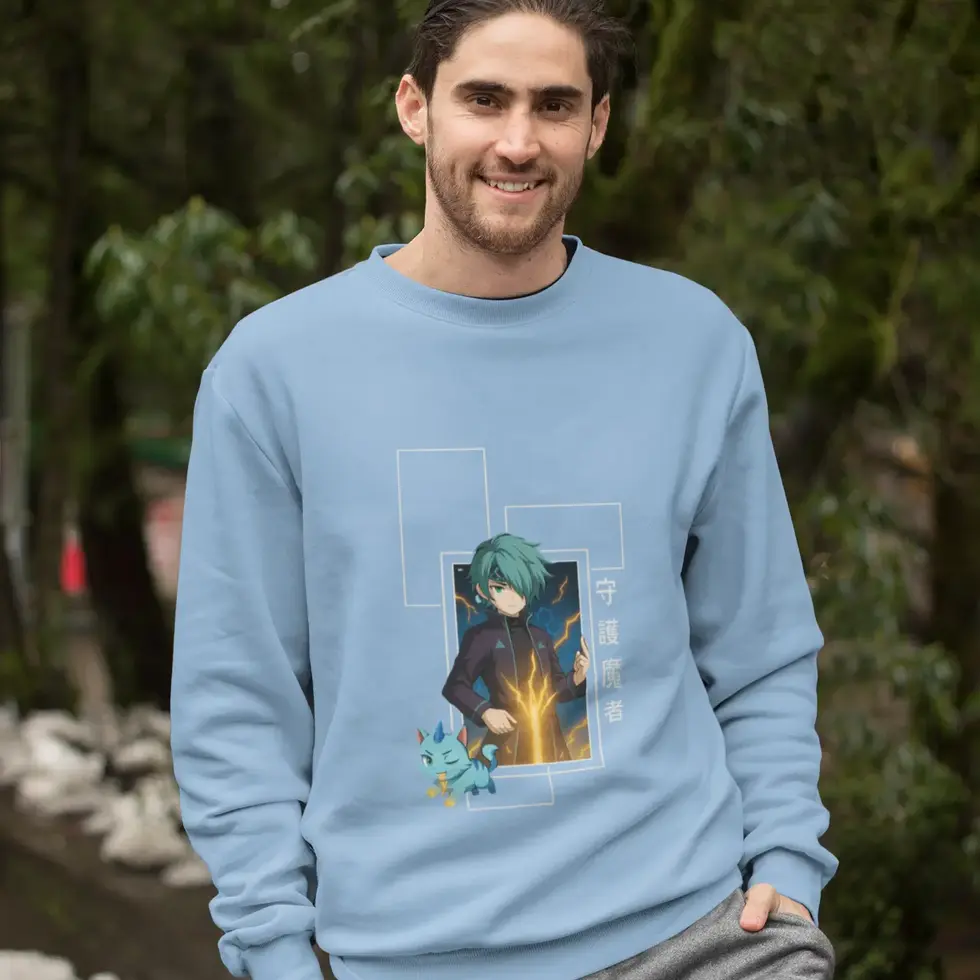 Baby blue Electric Teal Hair Anime Men's Sweatshirt | Magic Guardian & Cat Spirit
