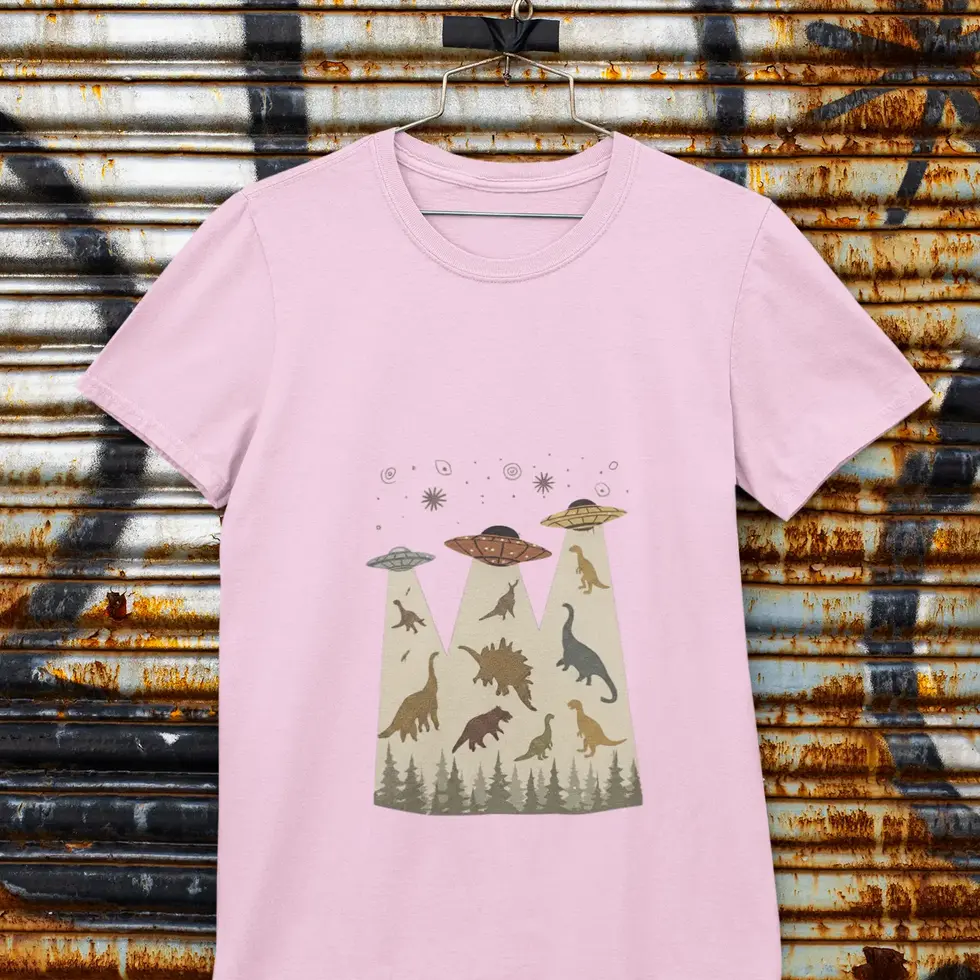 Light pink UFO Alien Dinosaur T-Shirt | Retro Sci-Fi Unisex Half Sleeve Tee