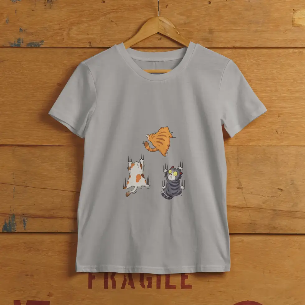 Melange grey Funny Cats Hanging On T-Shirt | Cute Unisex Tee
