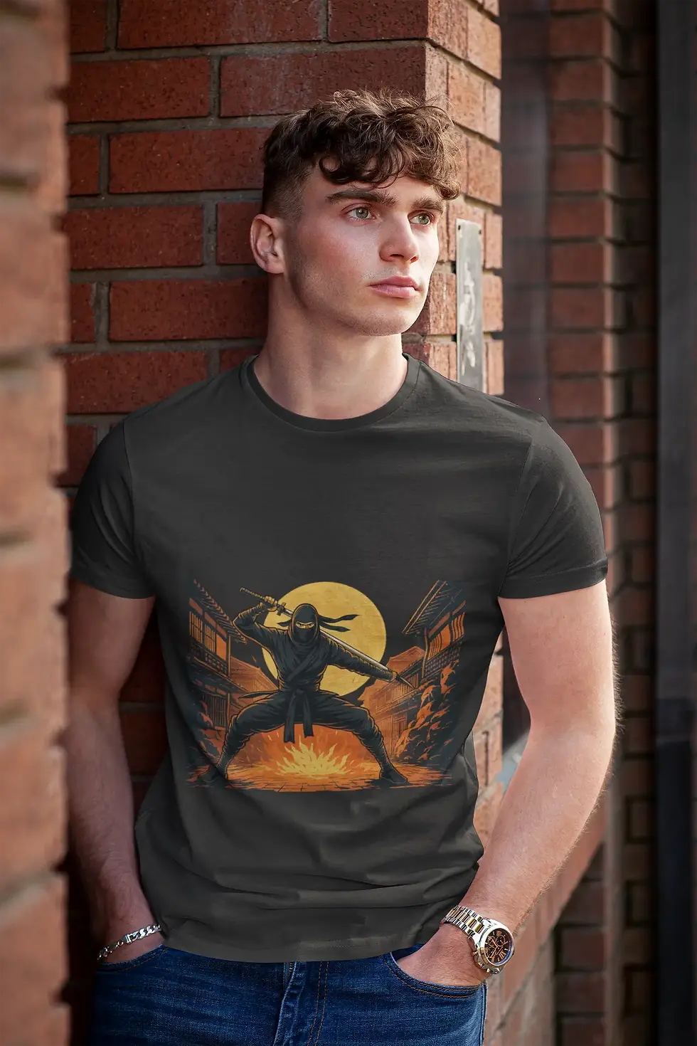 Black Men’s Black Ninja Sword Half sleeve | Fire Anime Warrior Graphic Men's Tee