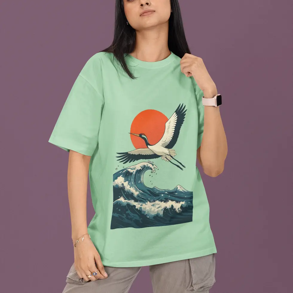 Sage green Japanese Red Crane | Women's Oversized Tee