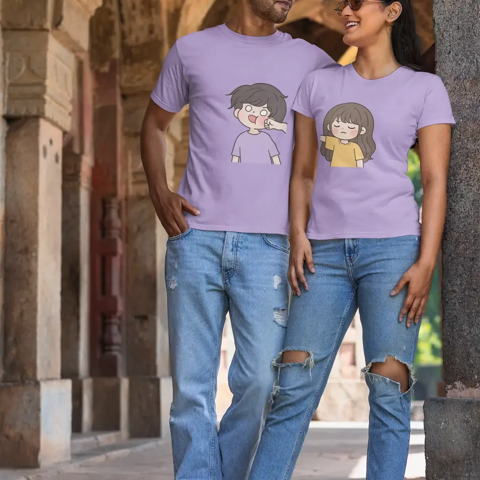 Iris lavender Funny Girl Punching Boy Face Matching Half Sleeve Tees-Couple Anime T-Shirt