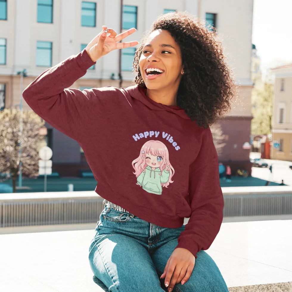 Maroon Happy Vibes Crop Hoodie for Women - Cozy Mint Green Graphic Tee