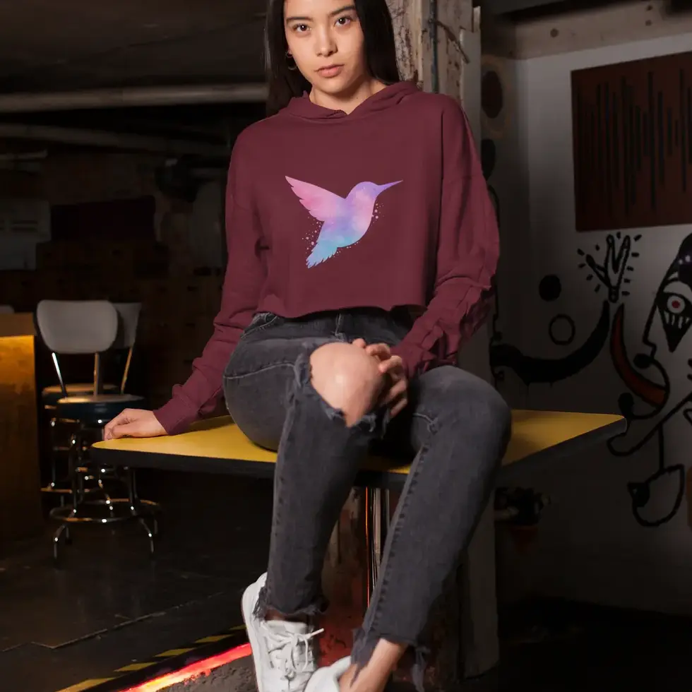 Maroon Hummingbird Pastel Watercolor | Women's Crop Hoodie