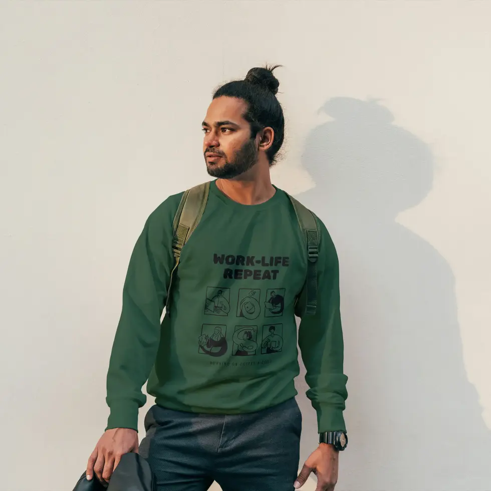 Olive green Work life repeat Sweatshirt | Funny Graphic Men's Tee