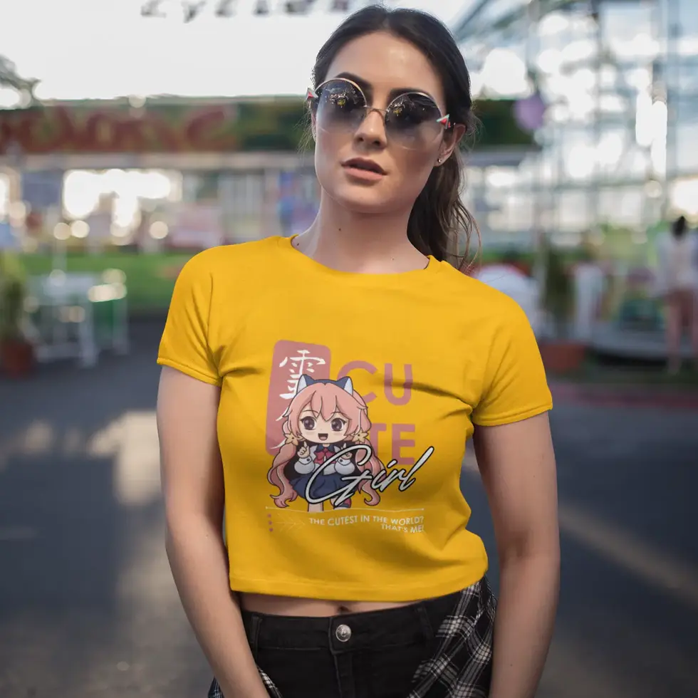 Golden yellow Cute Girls Anime Crop Top – Women’s Stylish Graphic T-Shirt