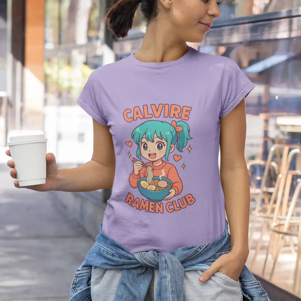 Iris lavender Calvire Ramen Club T-Shirt | Cute Anime Girl Japanese Food Women's Tee