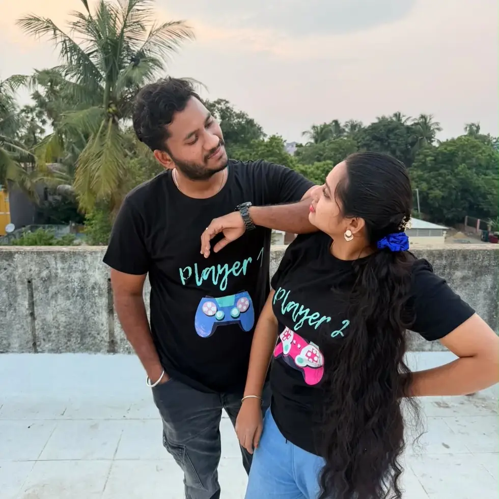 Black Player 1 & Player 2 Half Sleeve | Gaming Couple Graphic Tee