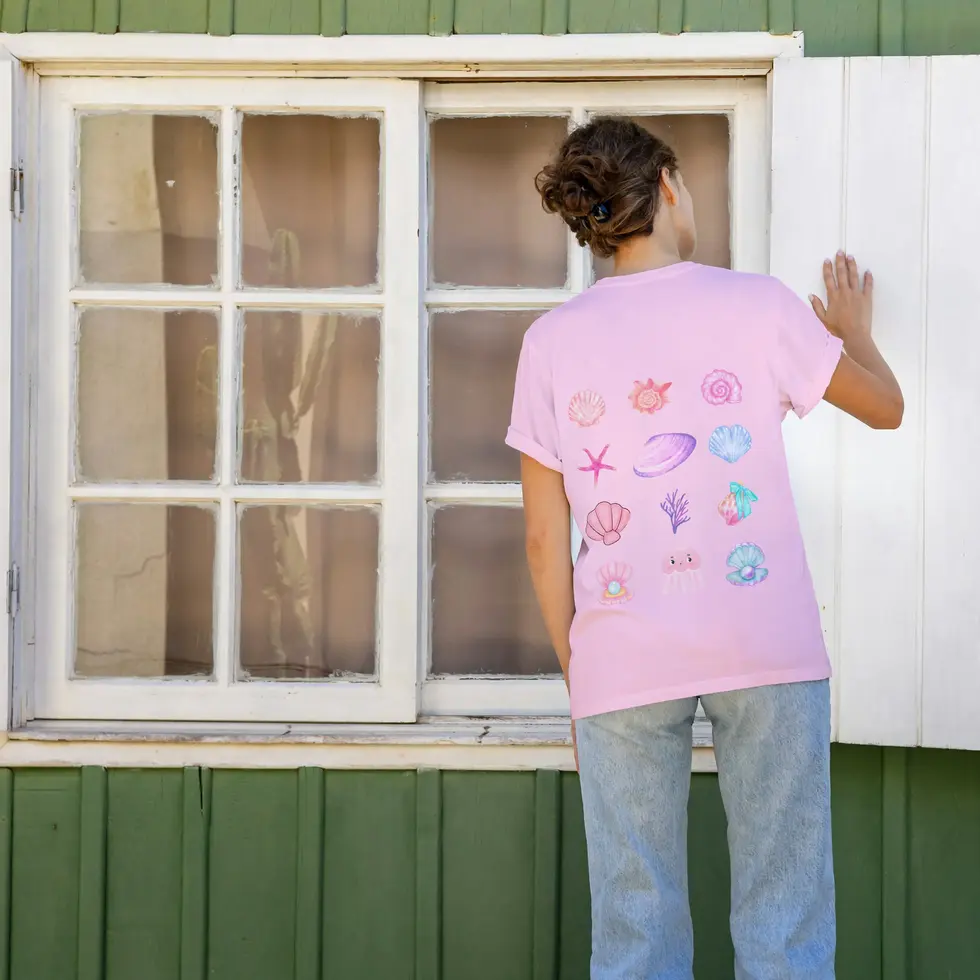 Light pink back view Beach Vibes Half Sleeve T-shirt-Shell graphic women's Tee
