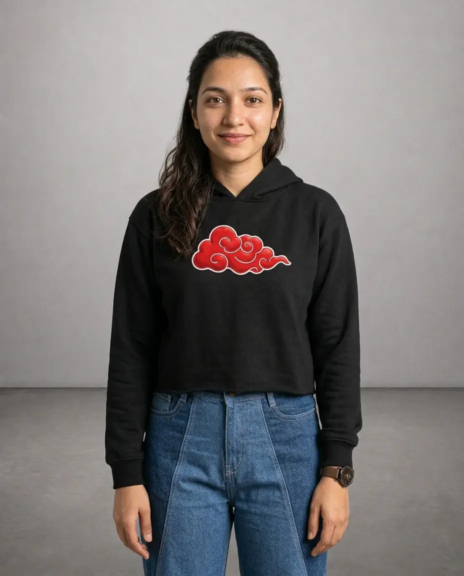 Black crop hoodie with red cloud emblem, anime-inspired design