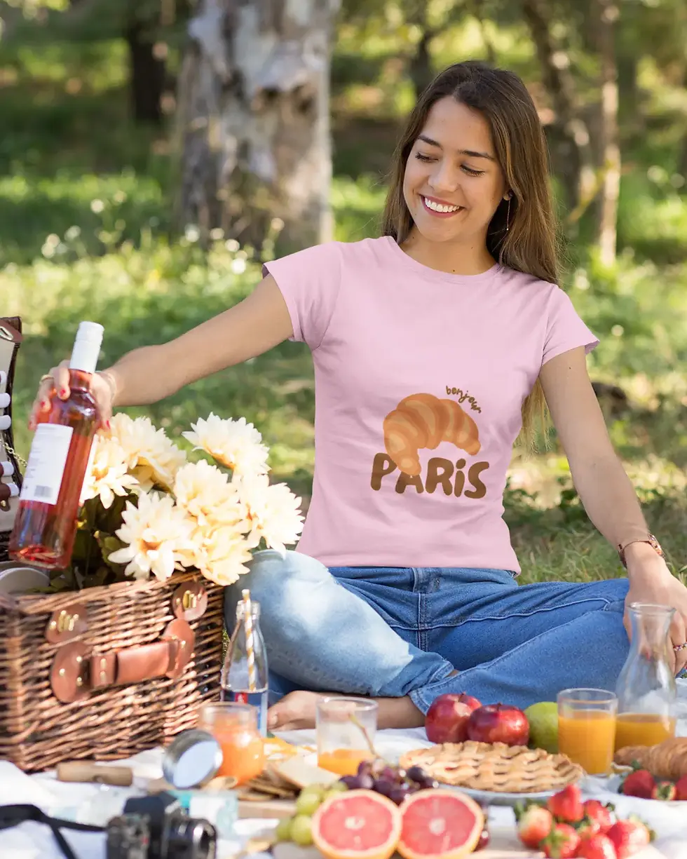 Paris Croissant "Bonjour" Graphic T-Shirt | Women's Half Sleeve Tee
