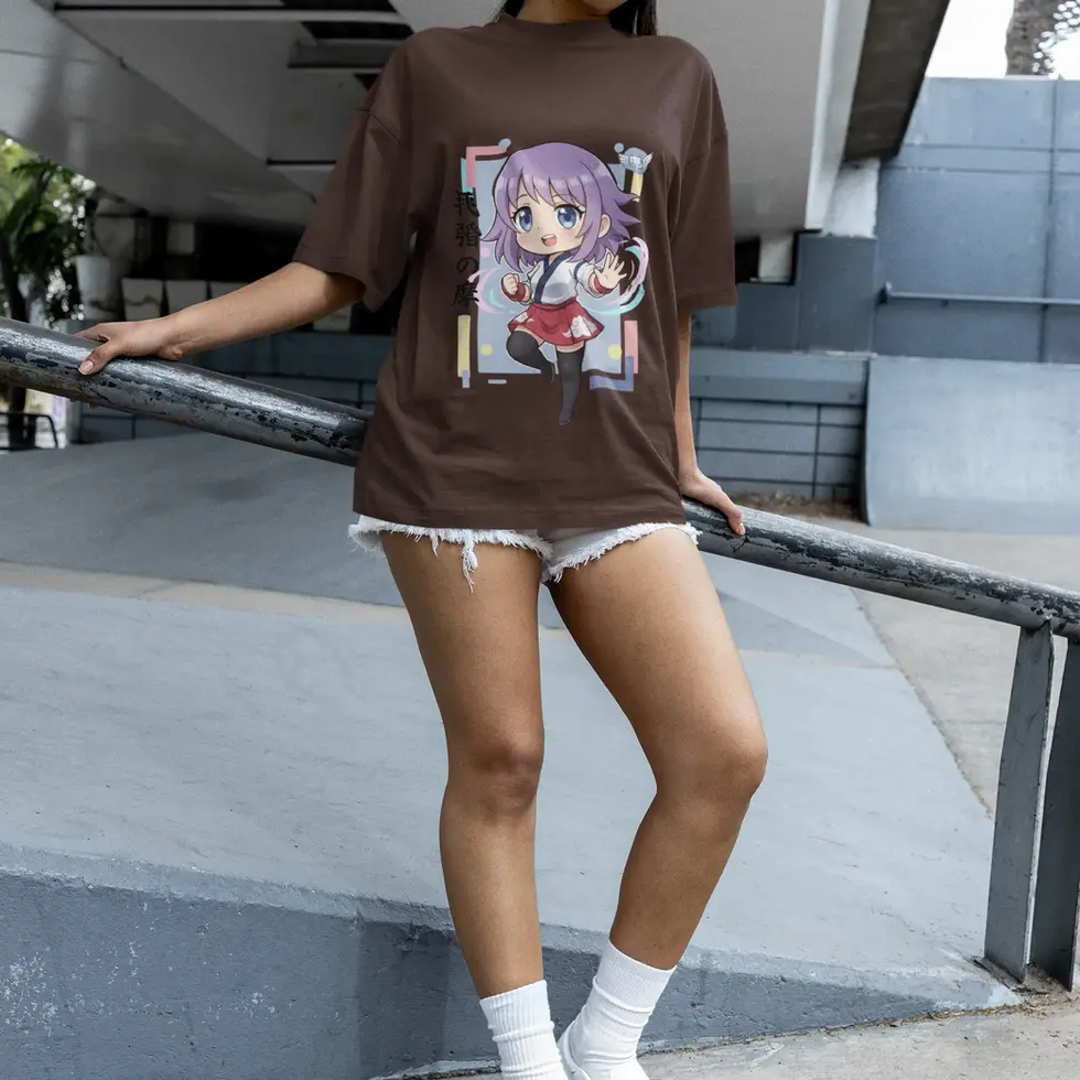 Brown Women's Oversized Chibi Anime T-Shirt | Cute Purple Hair Fighter Design