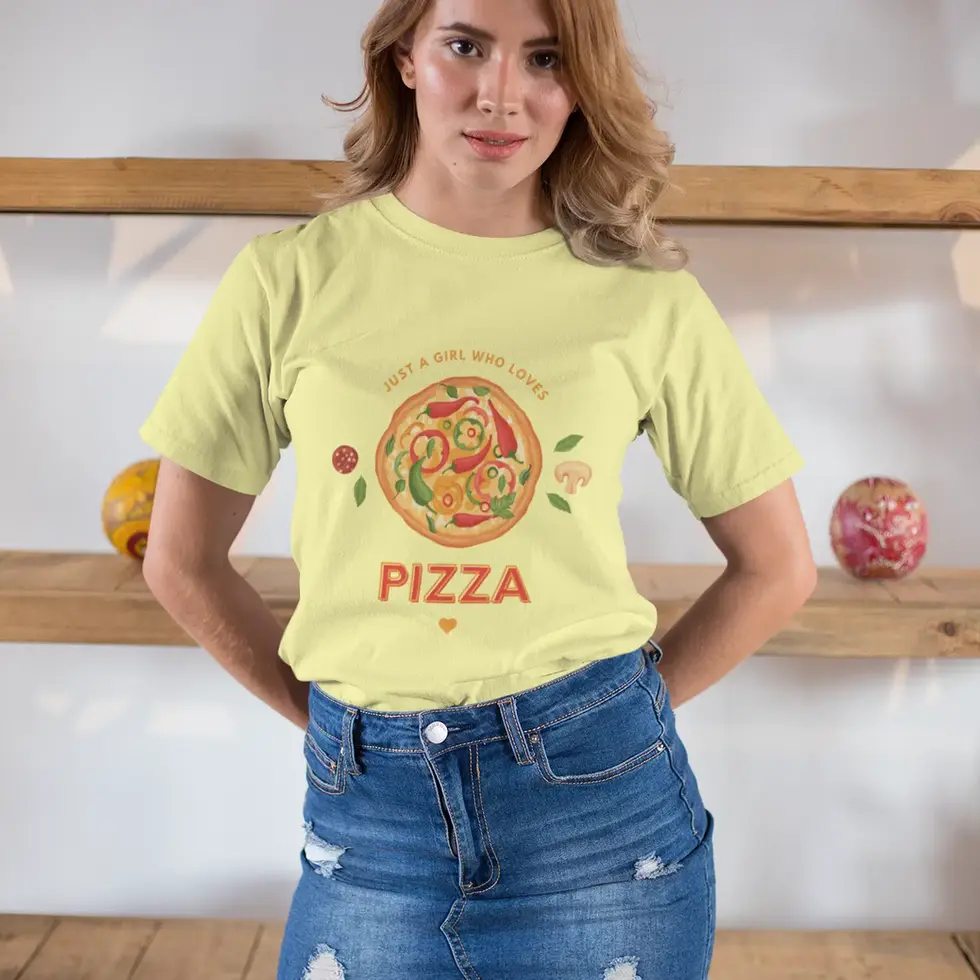 Butter yellow Just a Girl Who Loves Pizza Graphic T-Shirt | Women's Half Sleeve Tee