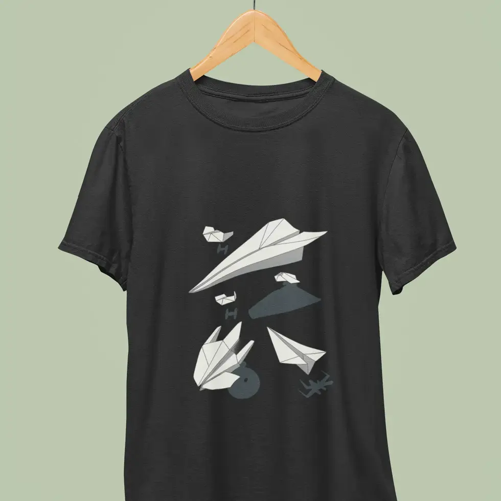 Black Origami Paper Airplane Minimalist T-Shirt | Unisex Half Sleeve Tee