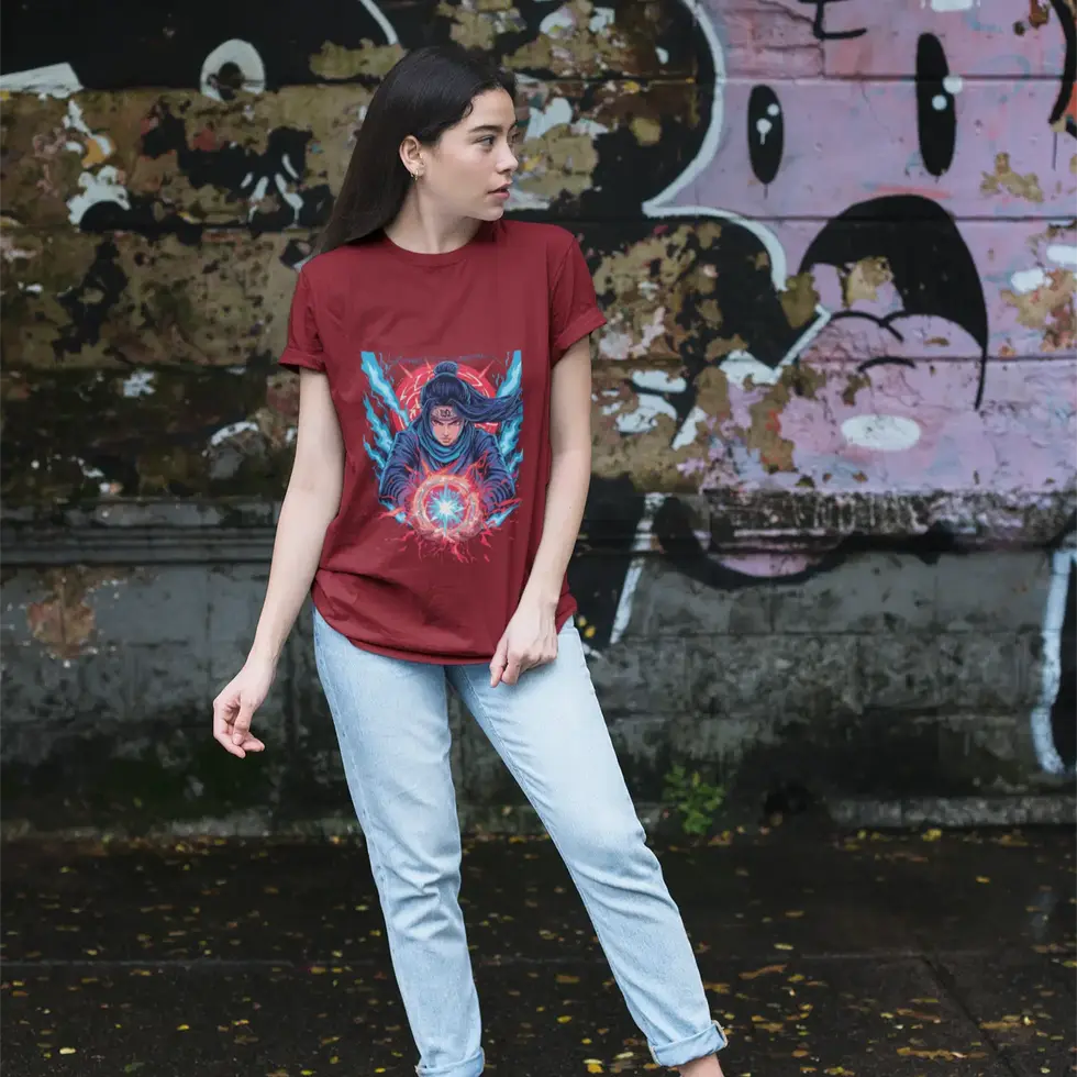 Maroon Neon Ninja Girl with Thunder Lights Half sleeve | Graphic Women's Tee