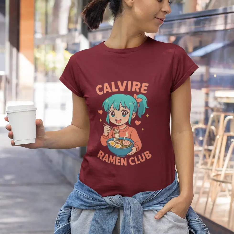 Maroon Calvire Ramen Club T-Shirt | Cute Anime Girl Japanese Food Women's Tee