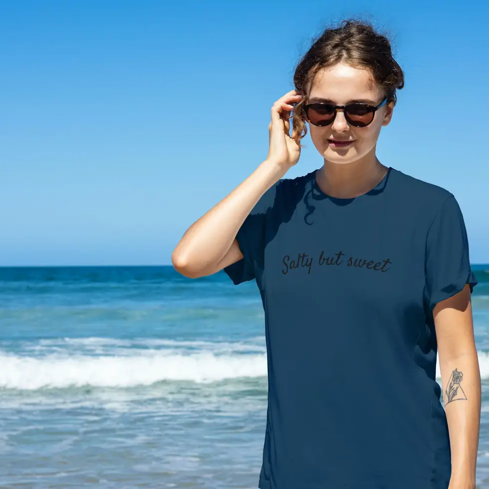 Navy blue front view Beach Vibes Half Sleeve T-shirt-Shell graphic women's Tee