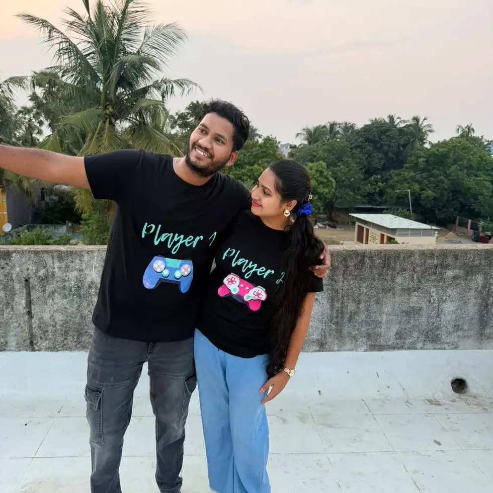 Black Player 1 & Player 2 Half Sleeve | Gaming Couple Graphic Tee