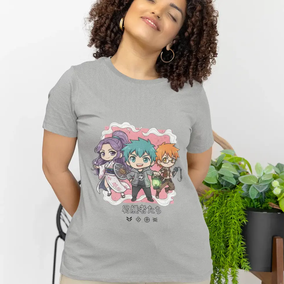 Melange grey Chibi Anime Guardians Trio Women's Half-Sleeve Japanese style Manga T-Shirt