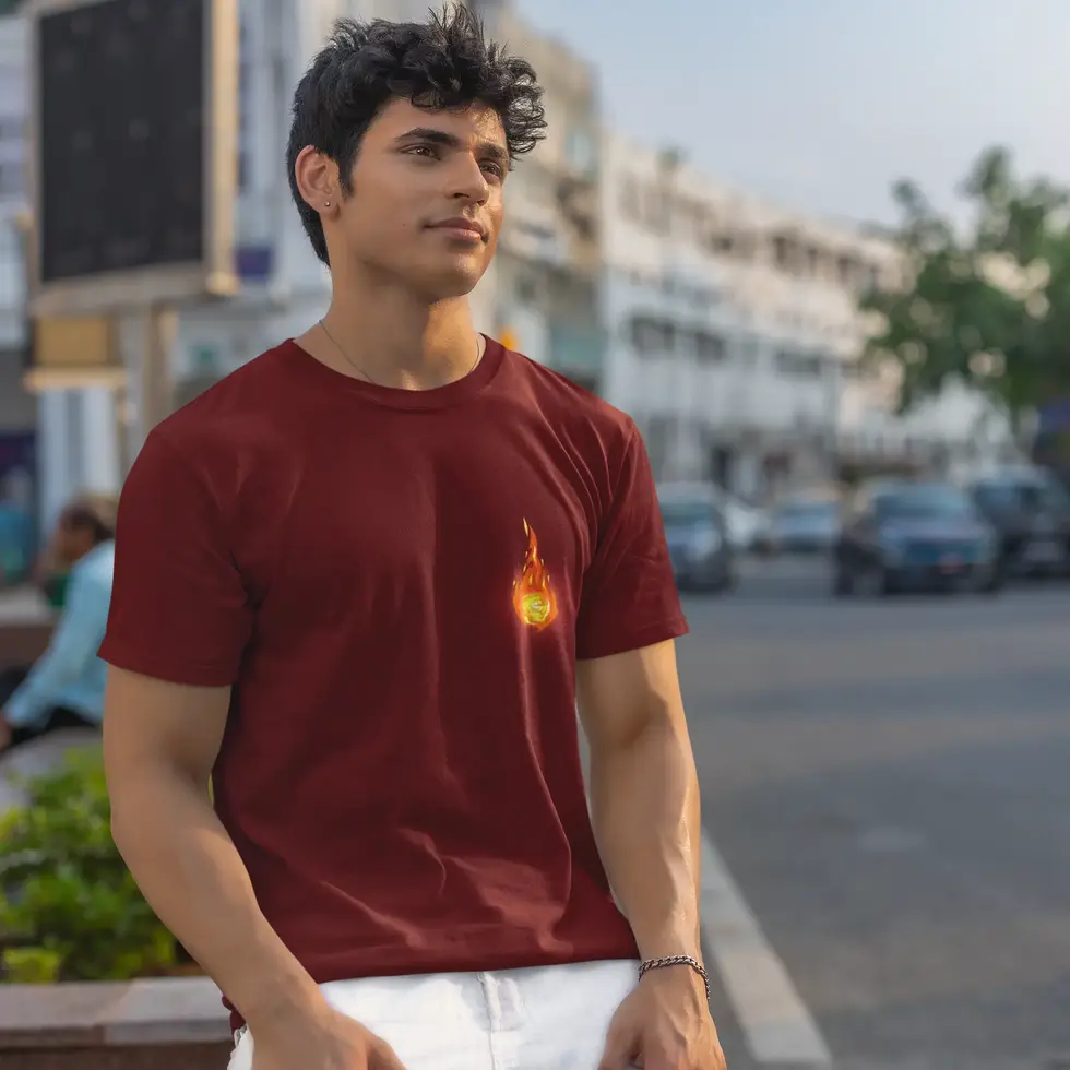 Maroon front view Ninja Fire Warrior Half sleeve | Graphic Samurai Style Men's Tee