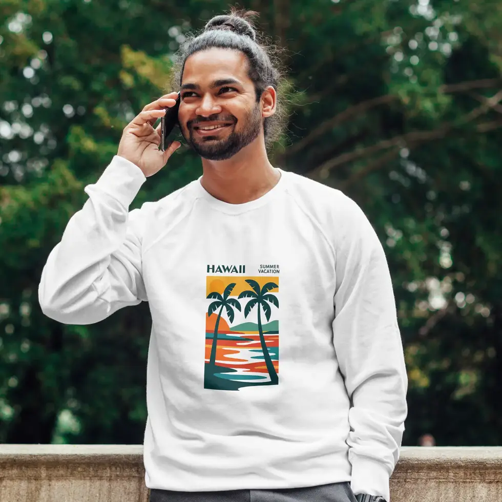 White Hawaii Vibes Sweatshirt | Tropical Graphic Men's Tee