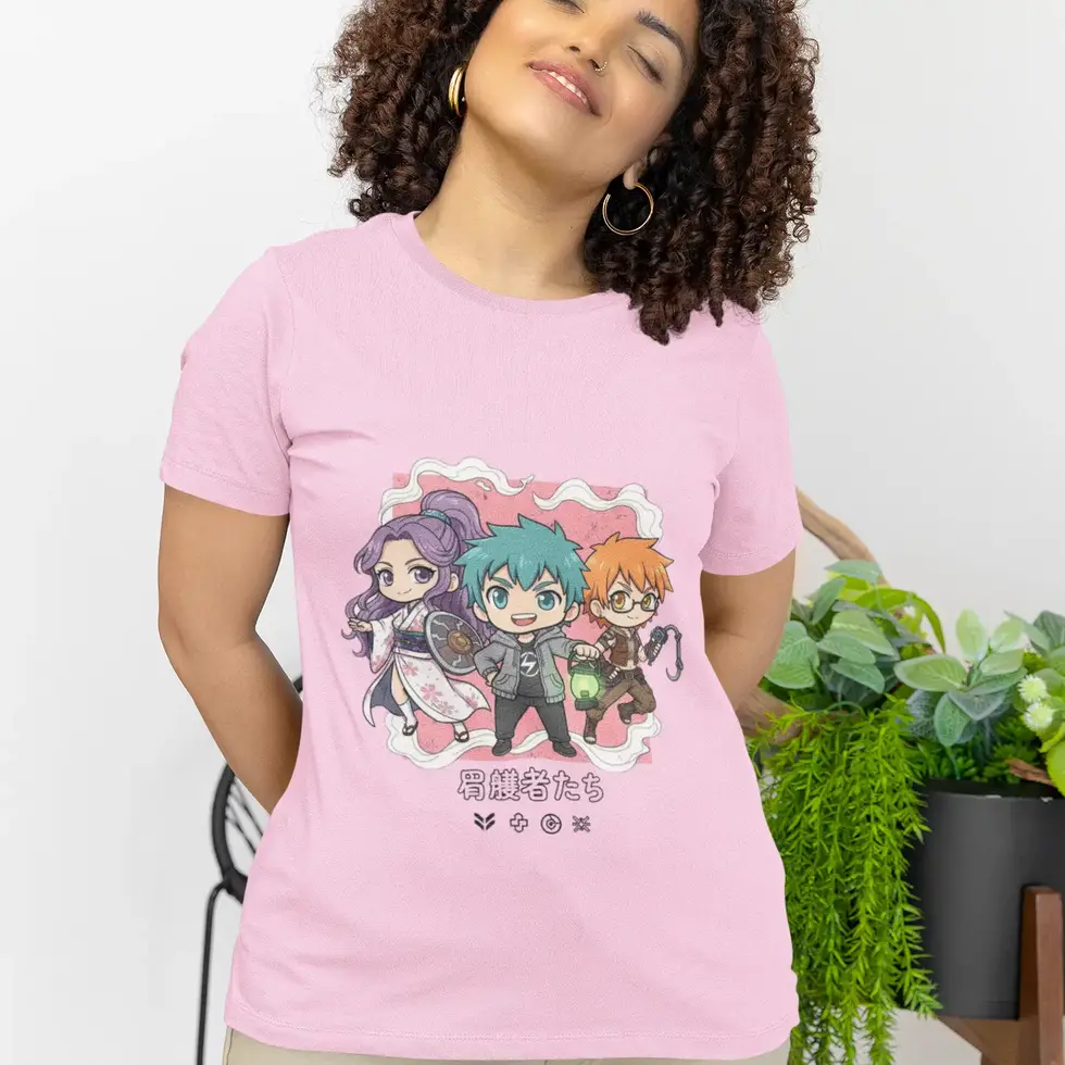 Light pink Chibi Anime Guardians Trio Women's Half-Sleeve Japanese style Manga T-Shirt