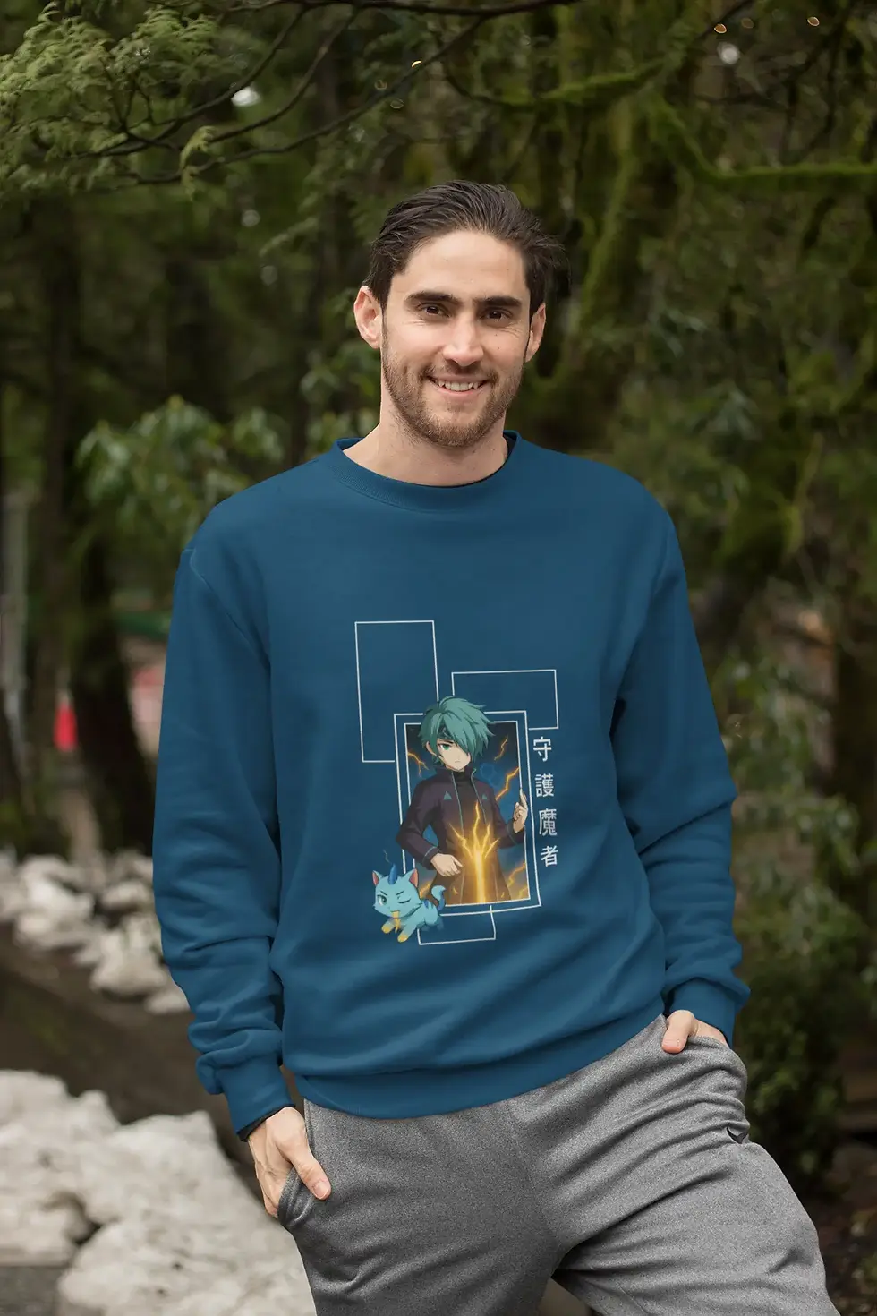 Navy blue Electric Teal Hair Anime Men's Sweatshirt | Magic Guardian & Cat Spirit