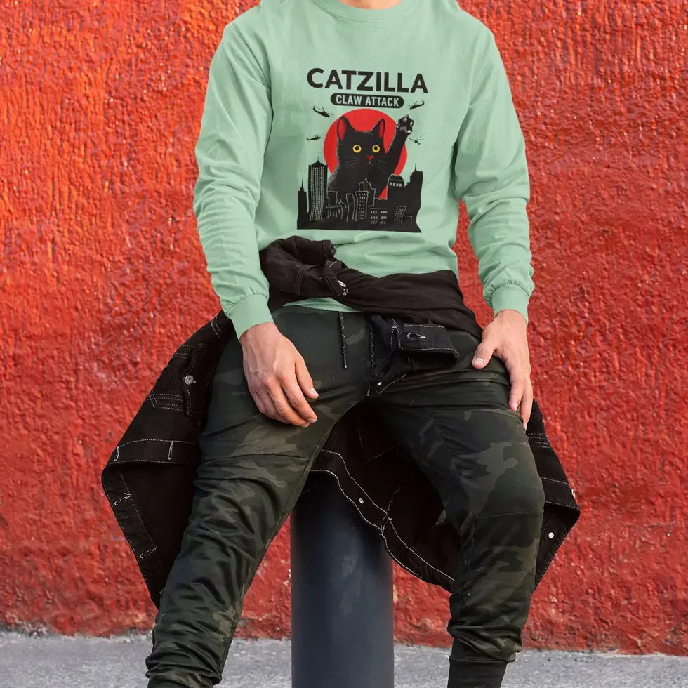 Mint green Catzilla Claw Attack Men's Sweatshirt | Giant Cat Godzilla Parody Pullover