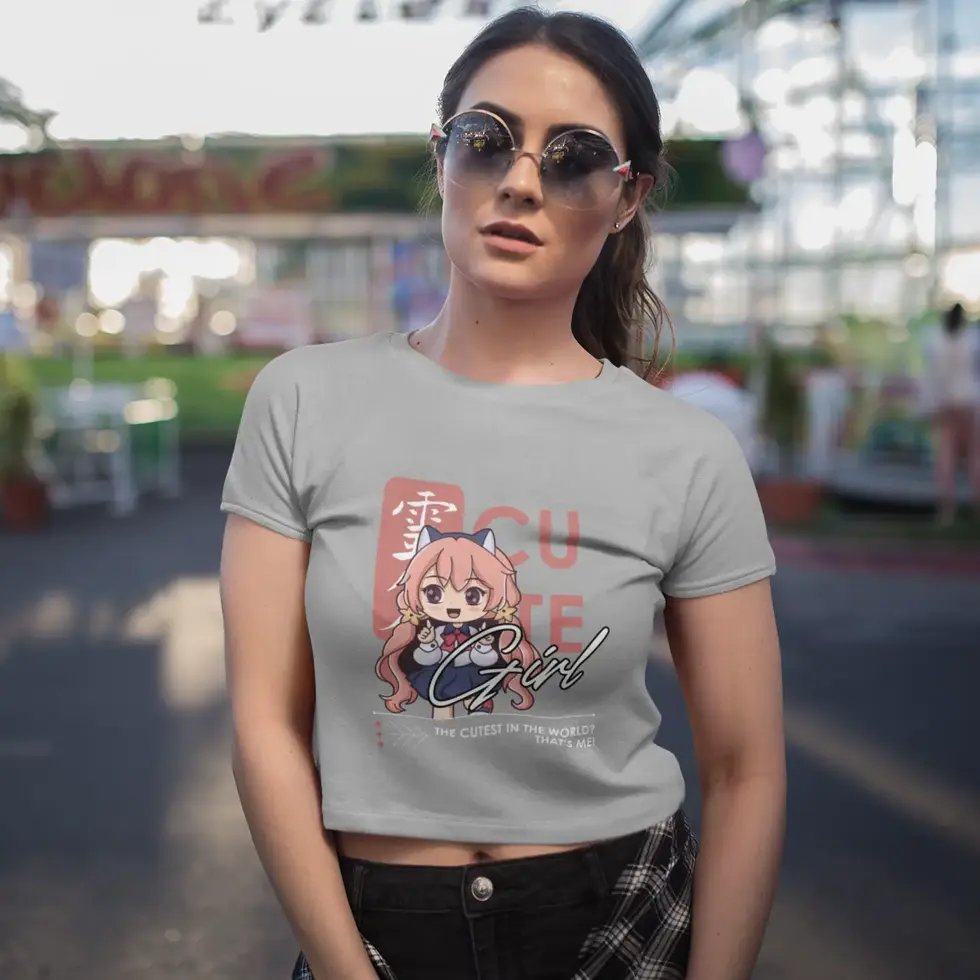 Melange grey Cute Girls Anime Crop Top – Women’s Stylish Graphic T-Shirt