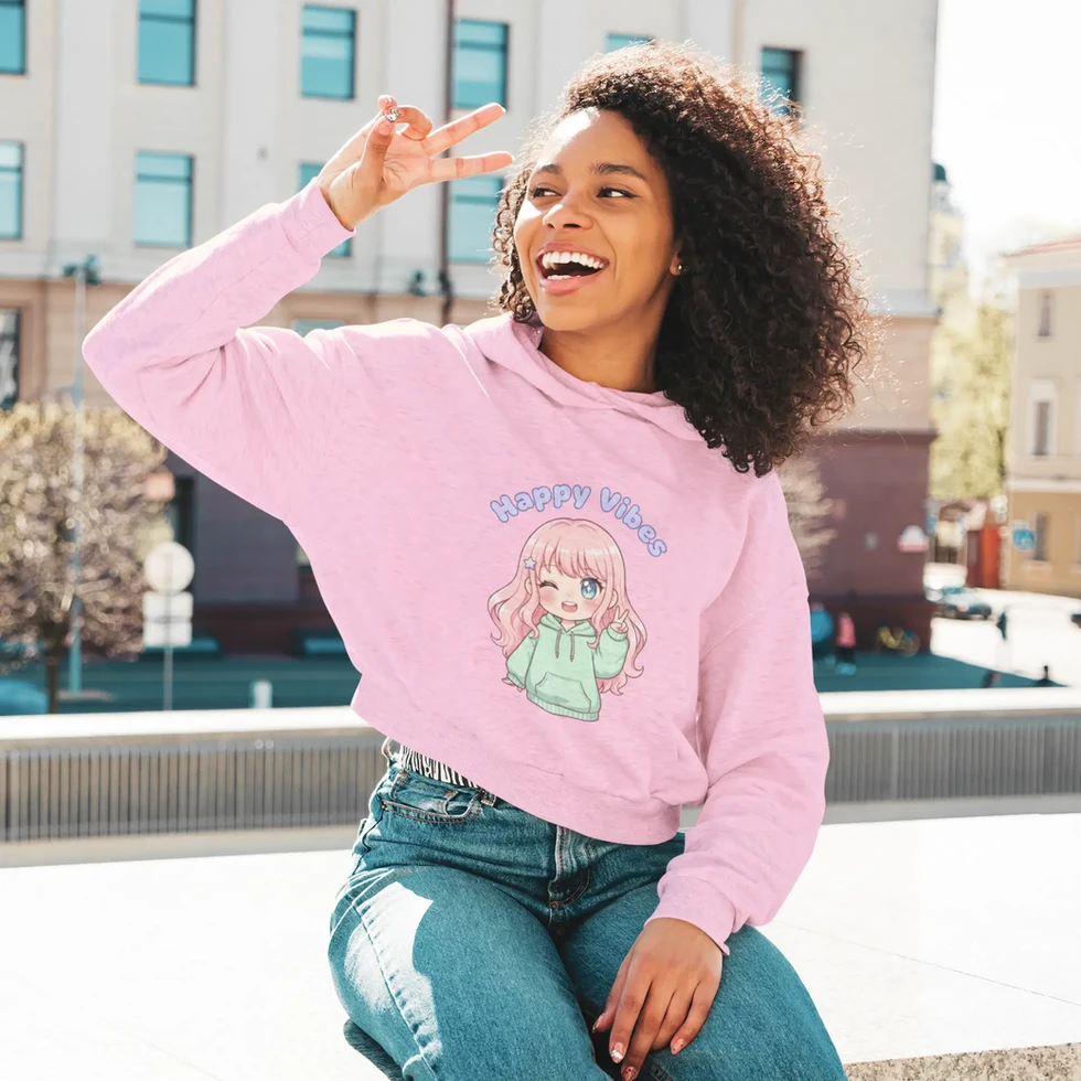 Light pink Happy Vibes Crop Hoodie for Women - Cozy Mint Green Graphic Tee